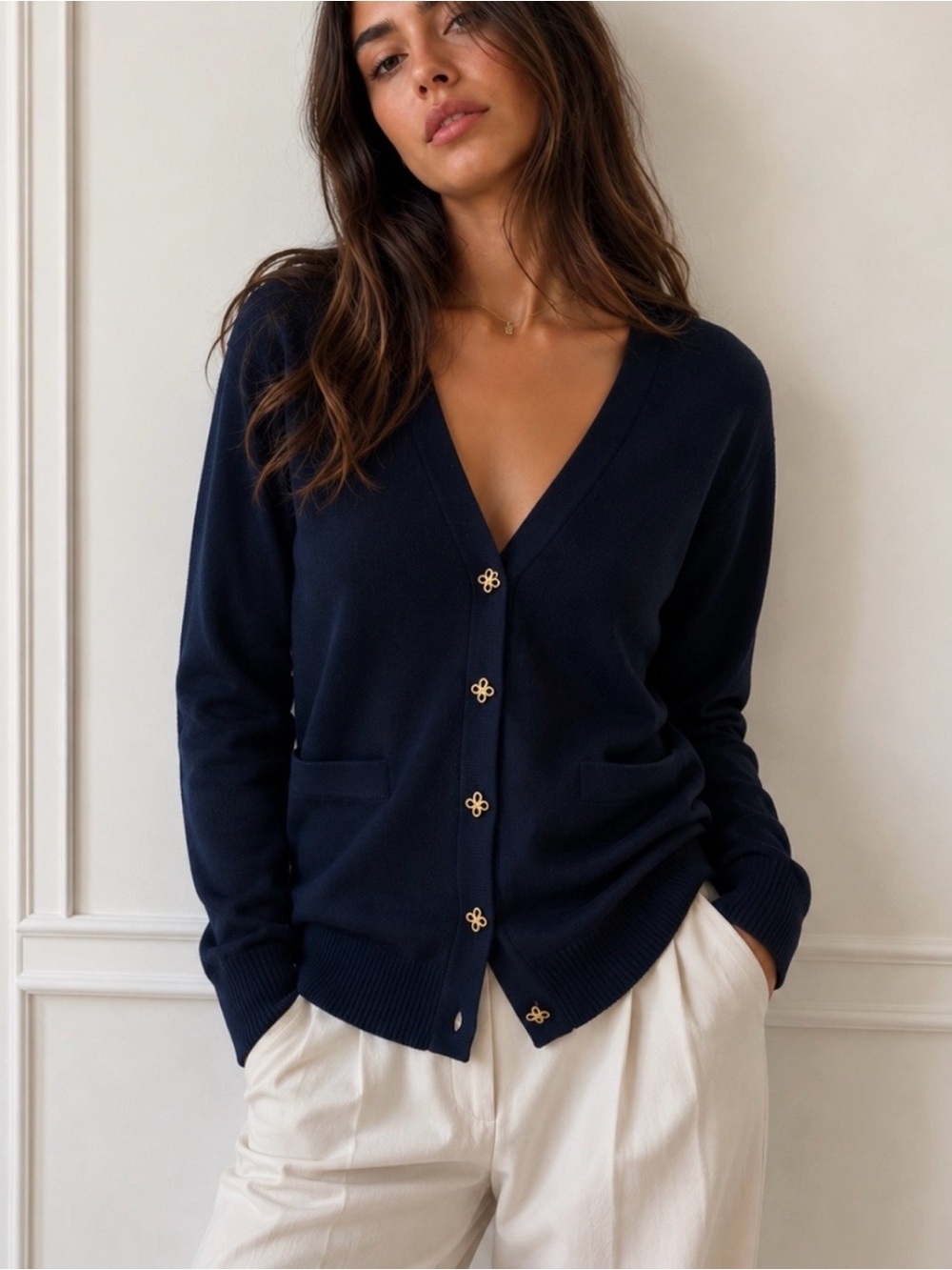 St. John Caviar Black V-Neck Cardigan Sweater with gold buttons Size Medium